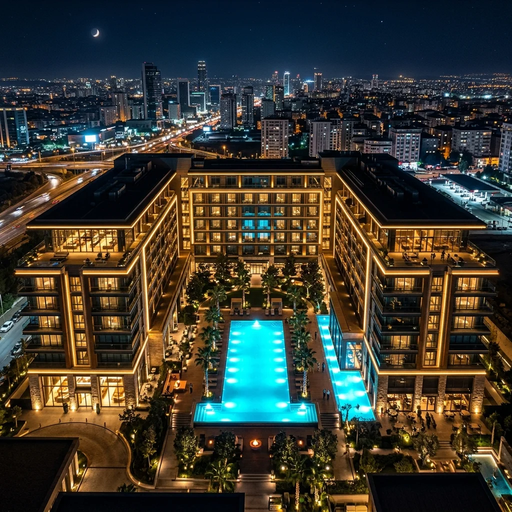 Aerial night render of U-shaped warm amber-lit hotel building with glowing cyan courtyard pool